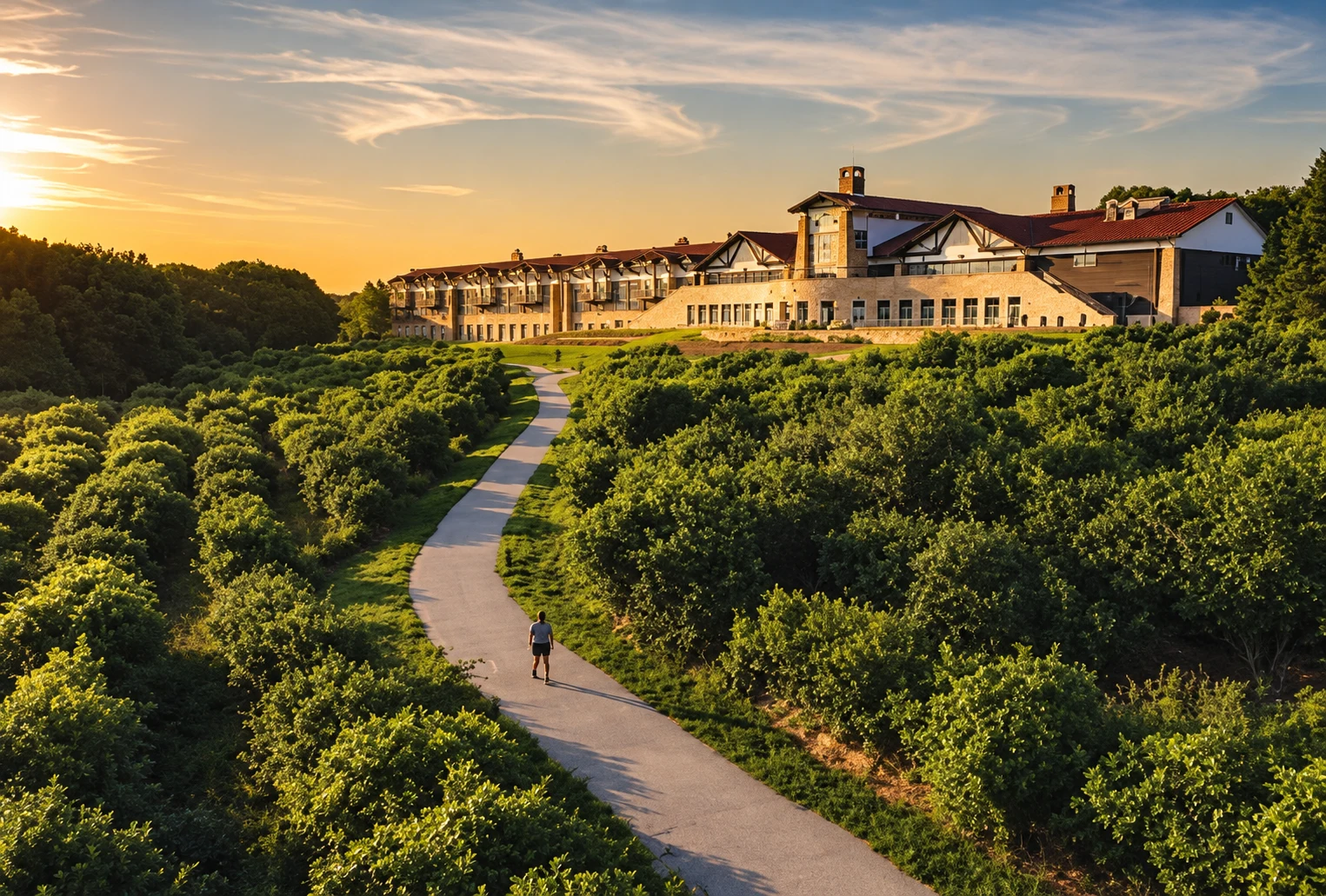 A winding path through green trees at sunset